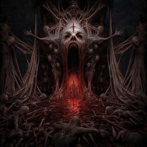 A giant skull with a cross on its forehead drips blood into a pool of bodies surrounded by twisted flesh tendrils.