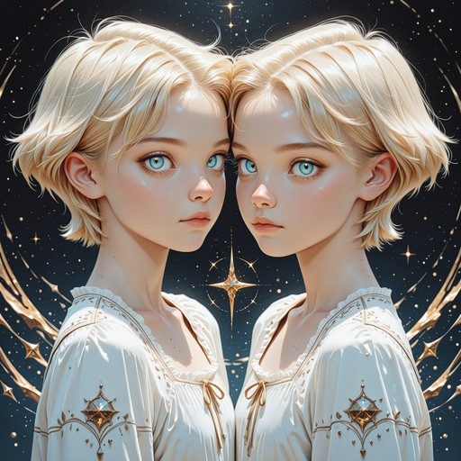 Two identical twin girls with short blonde hair and blue eyes touching foreheads, wearing white shirts with gold stars against a dark starry background.