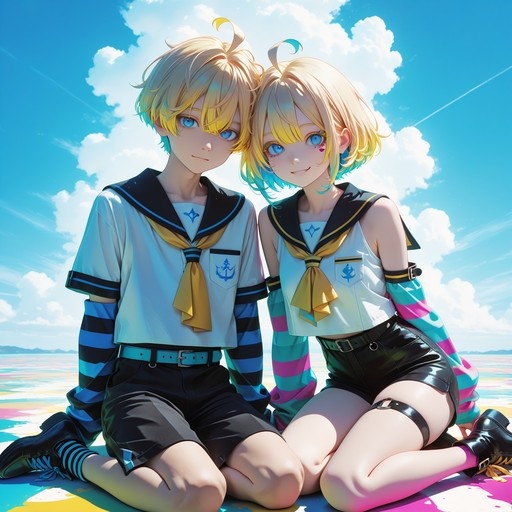 Kagamine Len and Rin sitting side by side on a colorful surface under a bright blue sky.