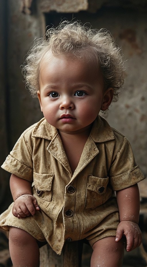 A realistic digital portrait of a young toddler with messy light hair sitting and looking directly at the camera while wearing a worn, buttoned tan shirt.