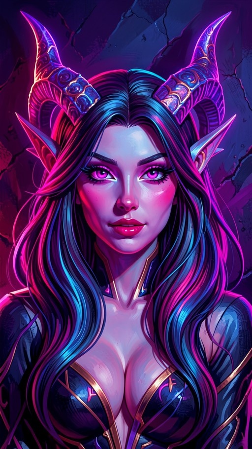 A portrait of a fantasy demon girl with large curved horns, pointed ears, and long wavy hair in blue and pink tones. She has glowing pink eyes and wears black armor with gold accents.