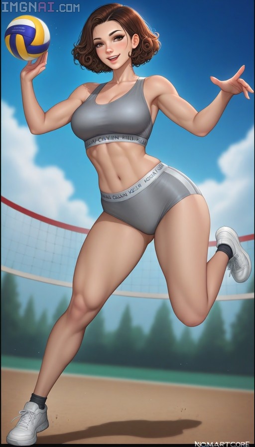 A toned Latina woman with short curly brown hair jumps while holding a volleyball. She wears a grey Calvin Klein sports bra and matching briefs with white sneakers against a sunny outdoor court backdrop.