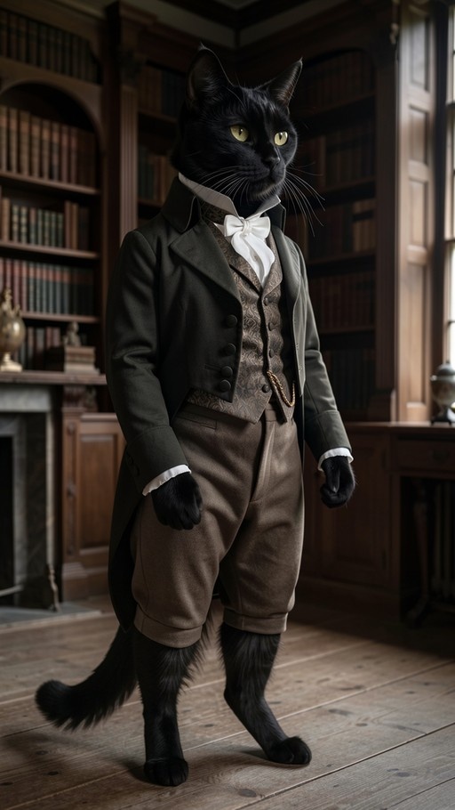 Anthropomorphic black cat standing on hind legs in a library wearing a formal suit with a white bowtie