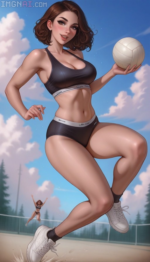 A smiling athletic woman with brown hair in black sportswear holds a white volleyball while jumping on a sand court under a blue sky.