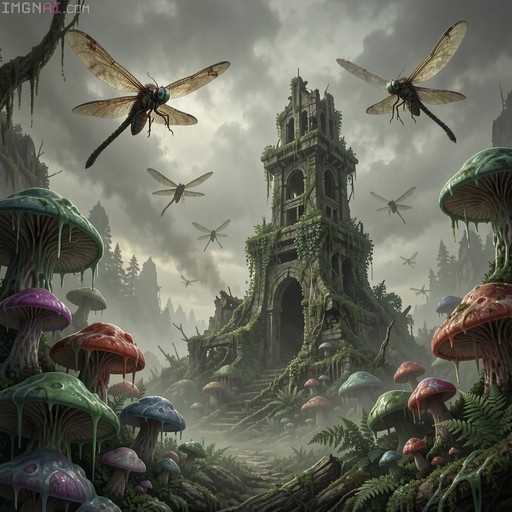 Giant dragonflies fly over a ruined tower surrounded by colorful slimy mushrooms in a gloomy forest.