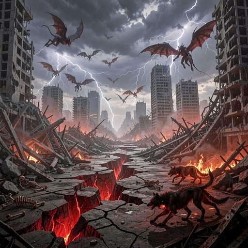 Two wolves walk through a ruined city street with lava cracks while winged demons fly overhead in the storm.