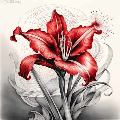 A detailed red ink and pencil drawing of a blooming amaryllis flower with fluttering petals against a swirling grey background.