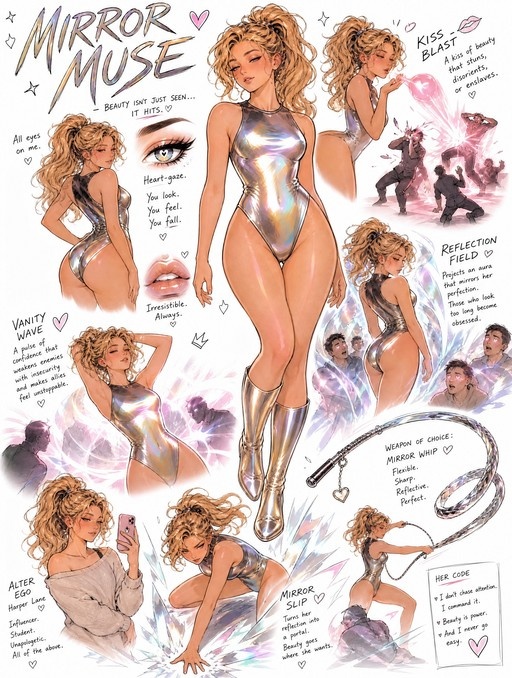 A character design sheet for Mirror Muse, a blonde superheroine in a shiny silver leotard, showing various poses, her mirror whip weapon, and descriptions of her powers like Kiss-Blast and Vanity Wave.