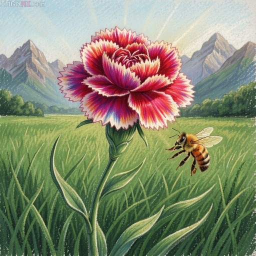 A large red and white carnation blooms in a green field while a bee flies nearby, with mountains visible in the distance under a blue sky.