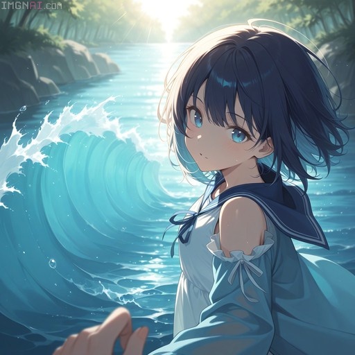 Anime-style girl with short dark hair and blue eyes wearing a white sailor dress, looking back over her shoulder as large blue waves crash beside her.