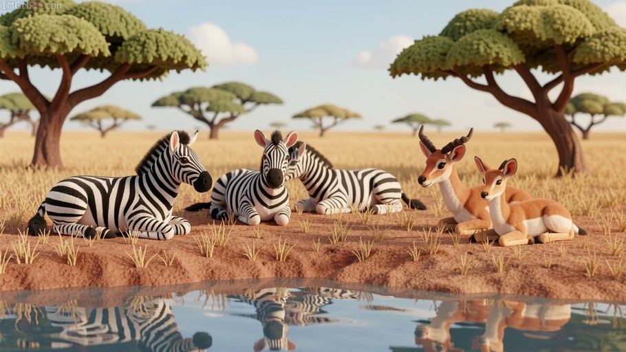 Three plushie-style zebras and two impalas lying on dry grass near a reflective pool of water in a savanna landscape.