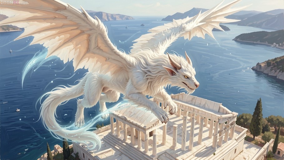 A majestic four-footed white dragon with bushy fur and large wings flies high above an ancient marble temple overlooking the Aegean Sea.