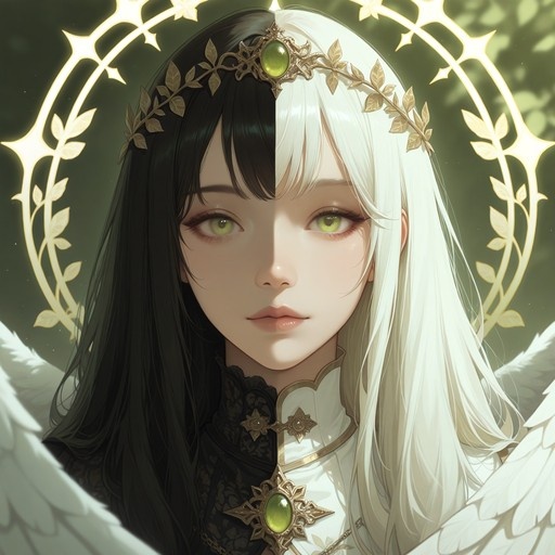 A portrait of a fantasy angel with half black and half white hair, green eyes, and white wings wearing a golden tiara.
