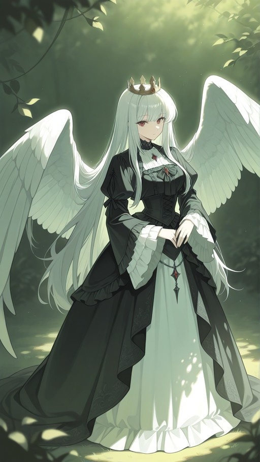 Anime-style illustration of a white-haired angel girl with red eyes, wearing a black dress and crown, standing in a sunlit forest.