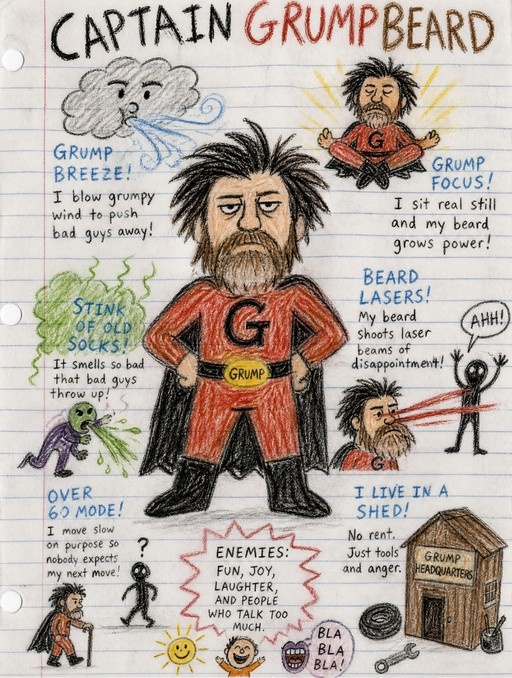 A crayon drawing on lined paper showing the superhero Captain Grumpbeard with a red suit and black cape, surrounded by panels illustrating his powers like blowing wind and shooting laser beams from his beard.