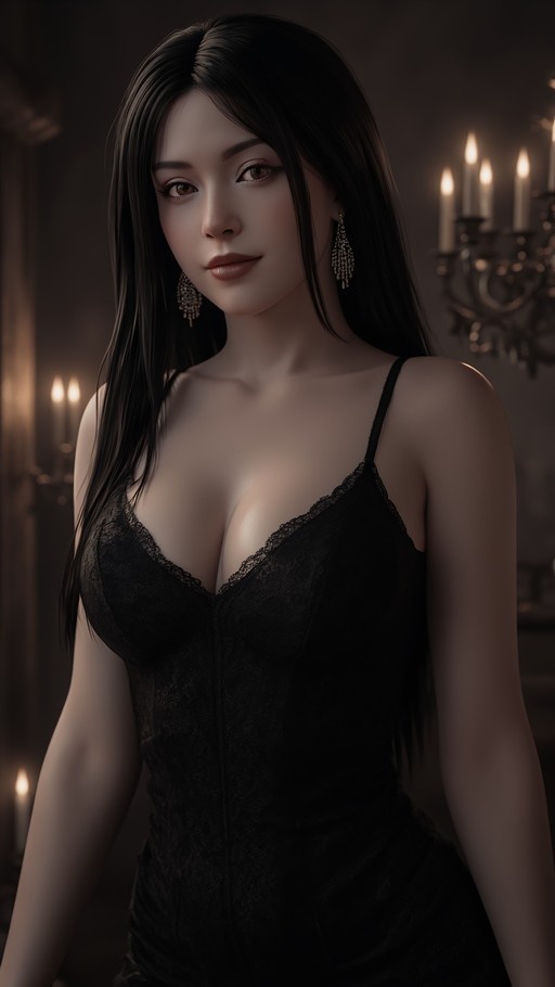 A woman with long black hair and brown eyes wearing a black lace dress and earrings stands in a dimly lit room illuminated by candles.