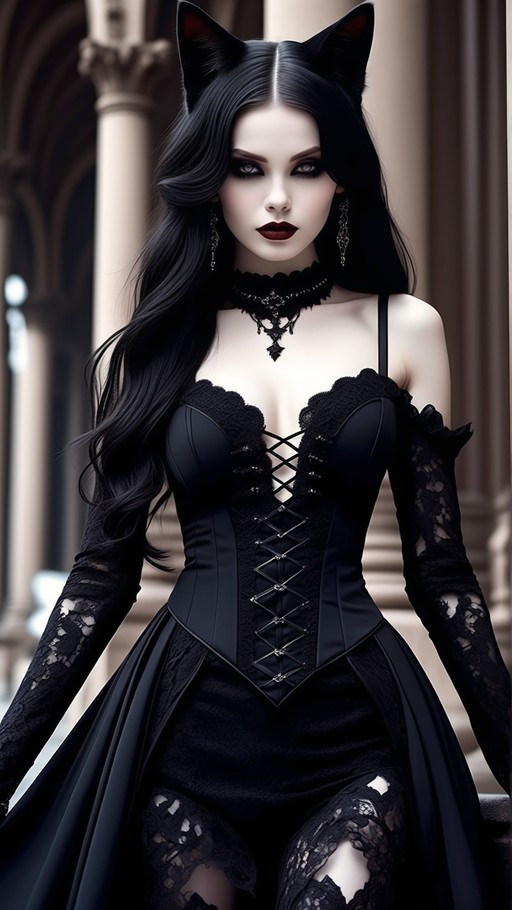 A digital illustration of a pale woman with long black hair and black cat ears, wearing a black gothic corset dress with lace gloves and a choker.