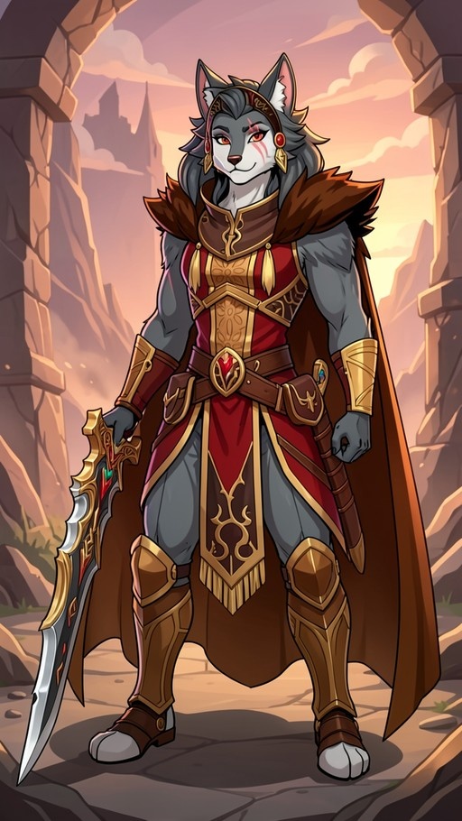 A full-body digital illustration of a grey anthropomorphic wolf warrior standing between stone pillars, holding a large ornate sword, wearing red and gold armor with a brown cape against a sunset background.