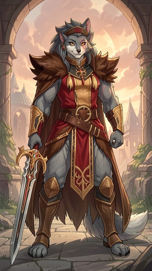 Anthropomorphic wolf warrior in red and gold armor holding a sword under a stone archway