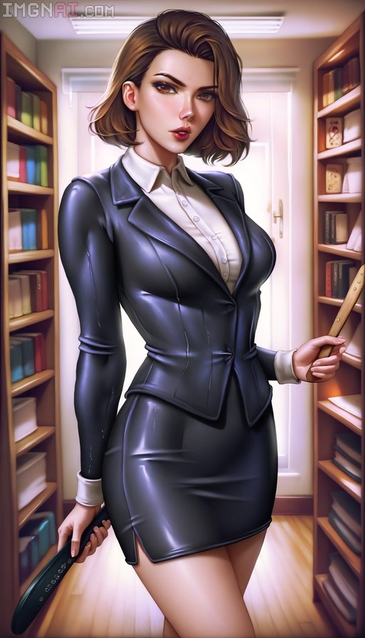 A hyperrealistic digital illustration of a mature woman in a black leather secretary suit holding a ruler and paddle in a library.