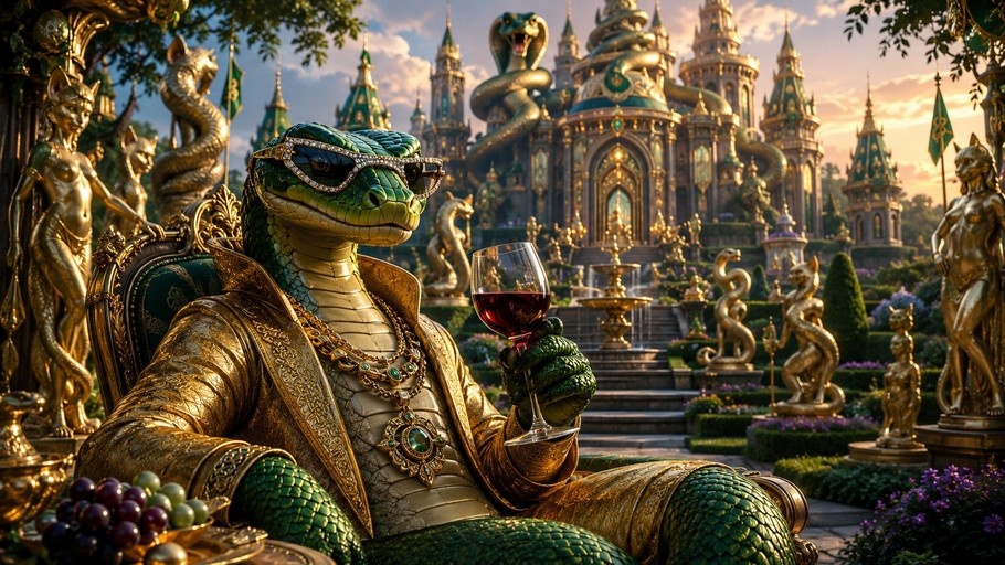 A green anthropomorphic snake wearing a gold suit and sunglasses sits on an ornate chair holding a glass of red wine in a lush garden with golden statues.