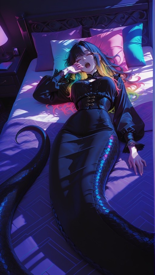 A digital illustration of a lamia monster girl with long multicolored hair and a snake tail lying on a bed in a black dress while yawning.