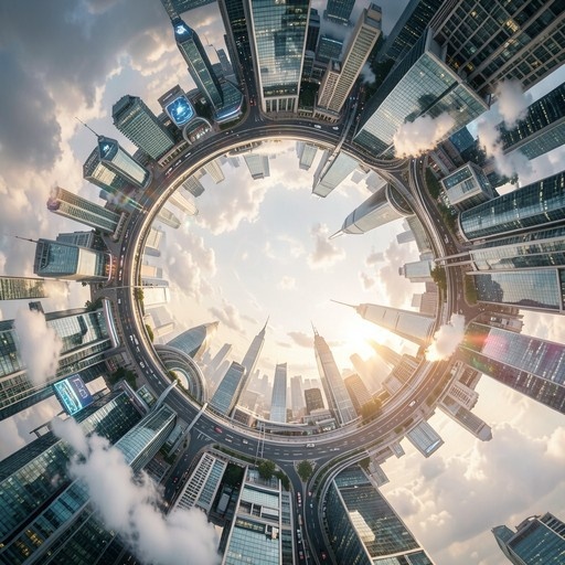 A spherical projection of a modern city with tall glass buildings and roads curving around the horizon under a cloudy sky.