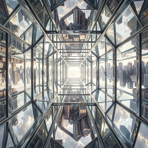 A long glass and metal corridor leads toward a bright light, with walls reflecting a surreal city of floating skyscrapers against a cloudy sky.