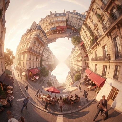 A surreal tiny planet projection of a European street with cafes and pedestrians under warm sunlight.