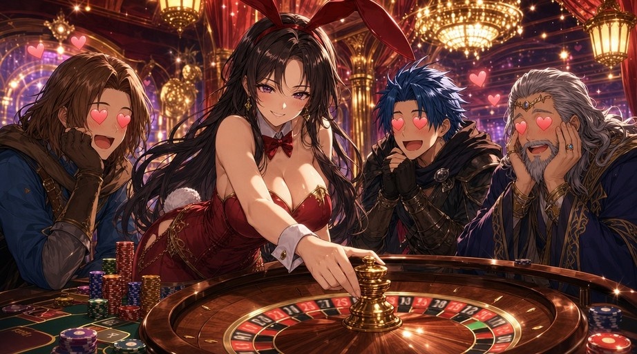 An anime-style illustration of a woman with long black hair in a red bunny suit spinning a roulette wheel while three men with heart-shaped eyes watch her at a casino table.