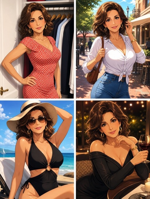 A collage of four images showing a woman with brown hair in different outfits: a red polka dot dress, casual jeans and white shirt, black beach swimsuit with a hat, and an elegant black evening gown holding wine.