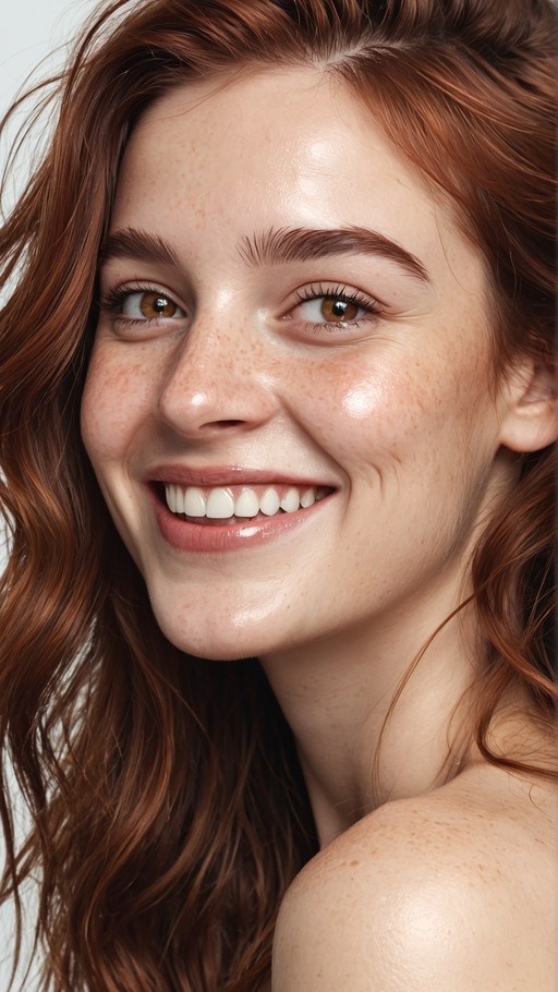 Close-up portrait of a smiling woman with long wavy red hair, brown eyes, and visible freckles on her face.