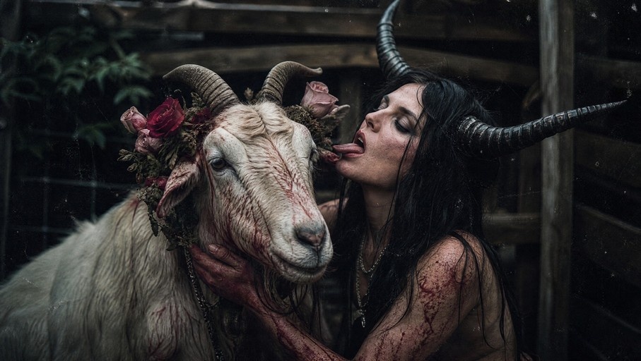 A dark fantasy image of a horned woman with black hair licking a white goat wearing a rose wreath.
