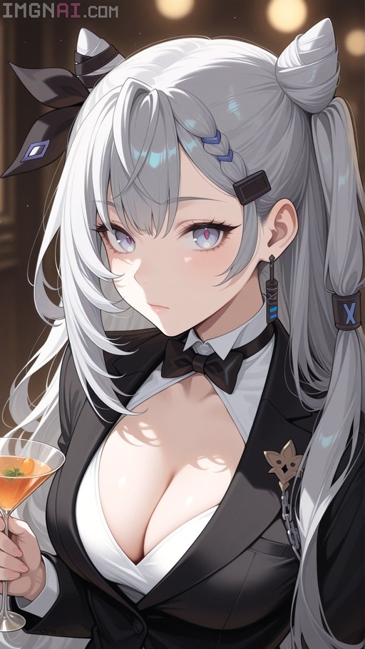 Vestia Zeta with long silver hair in a formal outfit holding a cocktail glass.