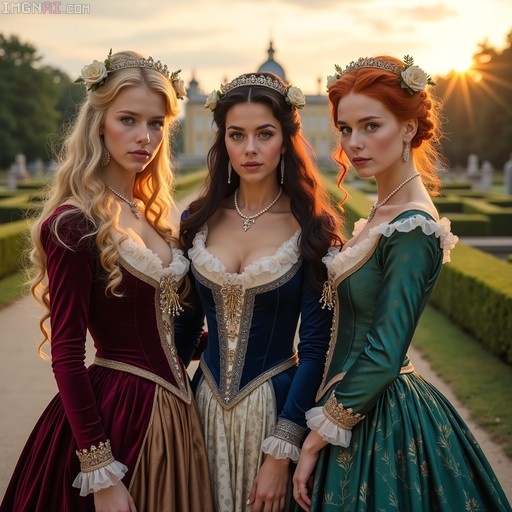 Three women in medieval velvet dresses and floral tiaras standing in a garden at sunset