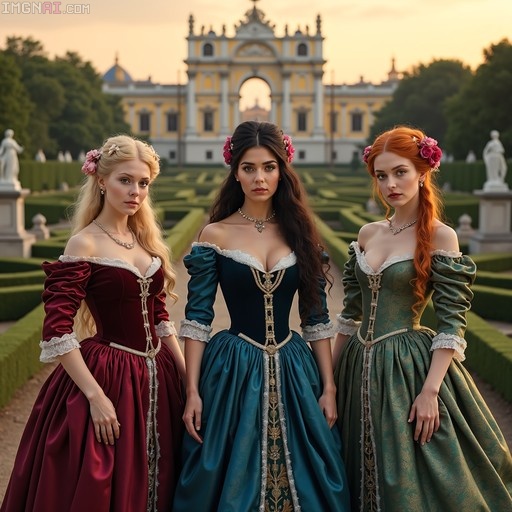 Three young women in elaborate red, teal, and green medieval gowns with flower hair ornaments standing in a formal garden with a large yellow archway in the background.