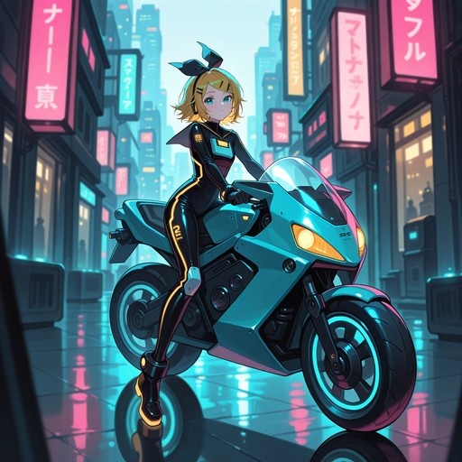 Kagamine Rin in a black bodysuit sitting on a futuristic motorcycle in a neon-lit city street.