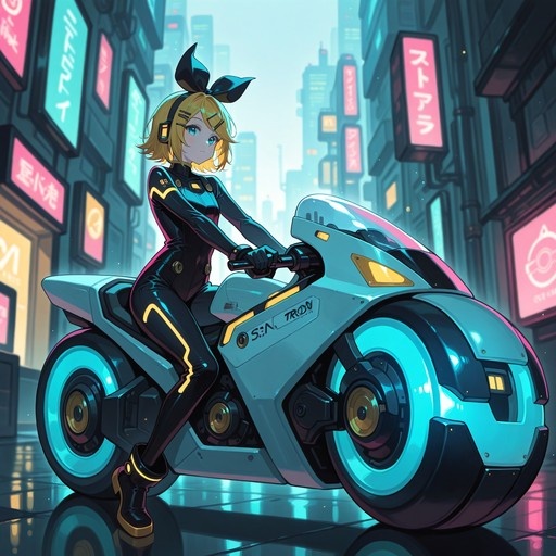 Kagamine Rin in a black bodysuit riding a futuristic motorcycle through a neon-lit city street.