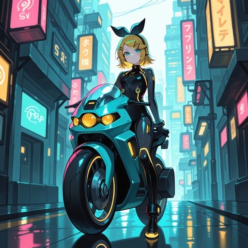 Kagamine Rin sits on a futuristic teal motorcycle amidst a neon-lit cyberpunk city street.