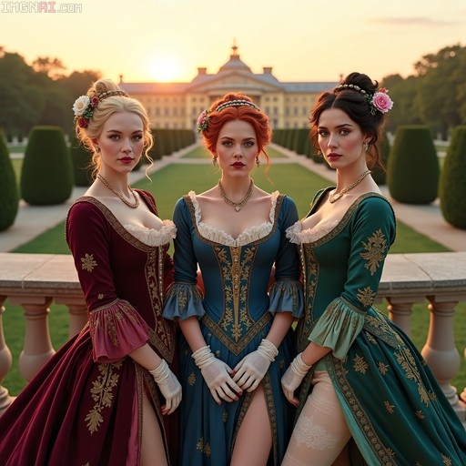 Three women in elaborate historical dresses with gold embroidery and white gloves standing in a garden at sunset.