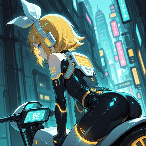 Kagamine Rin in a black and yellow bodysuit sitting on a motorcycle looking back at a cyberpunk city street with neon signs