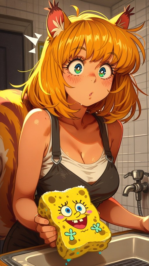 Anime girl with squirrel ears holding a SpongeBob sponge in a kitchen sink