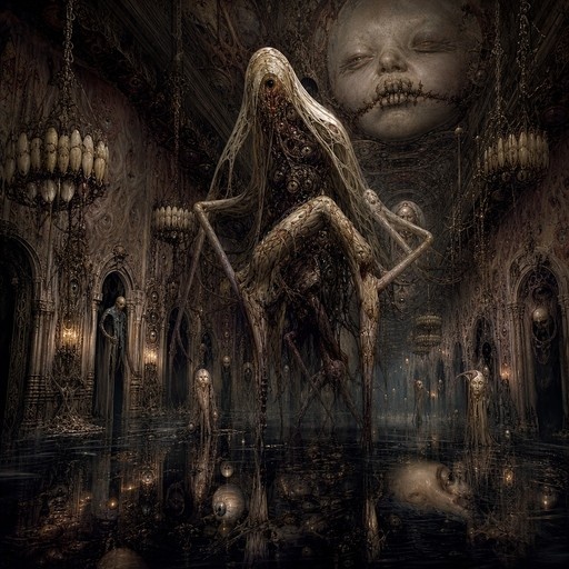 A tall, slender monster with multiple eyes stands in a dark, flooded gothic hall with hanging chandeliers and a large face on the ceiling.
