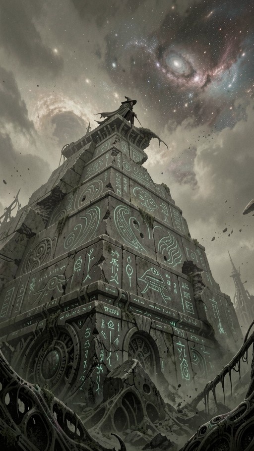 A low-angle view of a hooded wizard standing on top of a tall, crumbling stone tower covered in glowing green runes, set against a backdrop of a starry galaxy sky with floating debris.