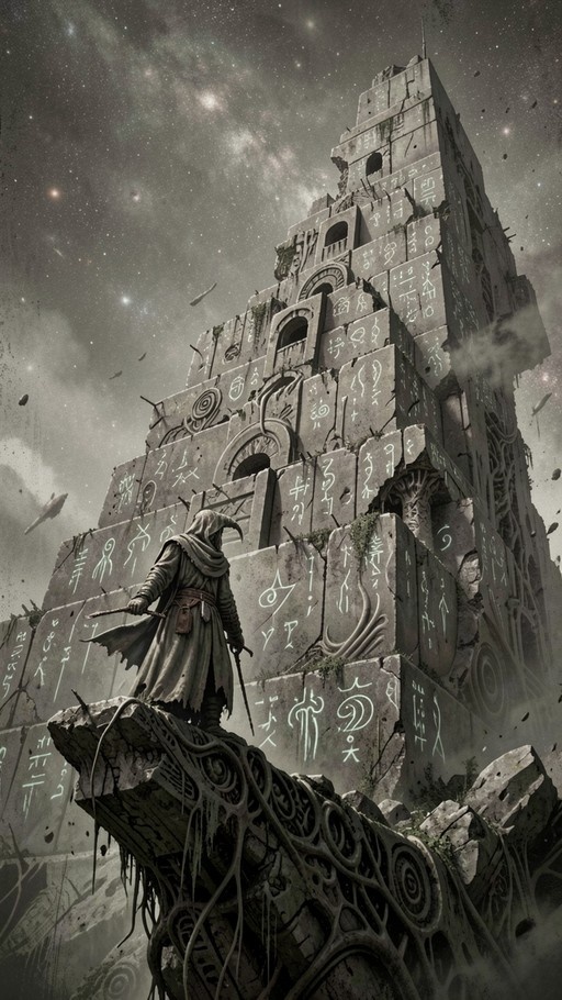 A hooded figure stands on a rocky outcrop facing a massive ruined tower covered in glowing runes under a starry night sky.