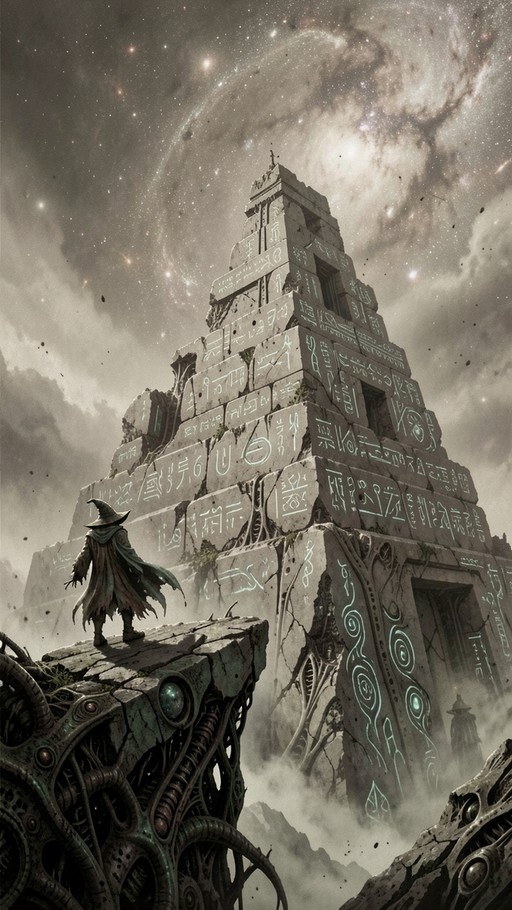 A lone wizard in a tattered cloak and pointed hat stands on a rocky ledge, gazing up at a massive ancient tower covered in glowing runes beneath a starry cosmic sky.