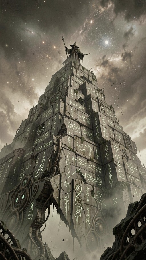 A cloaked wizard holding a staff stands atop a tall, crumbling stone tower covered in glowing runes under a starry night sky.