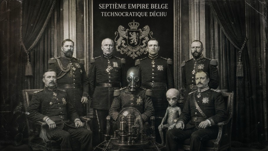 A black and white photograph of a group of men in military uniforms with the text "SEPTIÈME EMPIRE BELGE TECHNOCRATIQUE DÉCHU". One man wears a gas mask, and a small alien sits next to him.