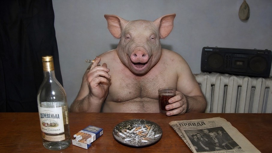 A shirtless anthropomorphic pig with human hands sits at a table holding a cigarette and a glass of alcohol, next to a bottle of vodka and a newspaper.