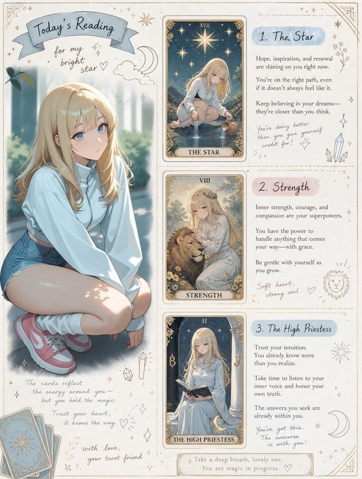 A whimsical tarot reading sheet featuring a blonde anime girl in denim shorts alongside illustrated cards for The Star, Strength, and The High Priestess.